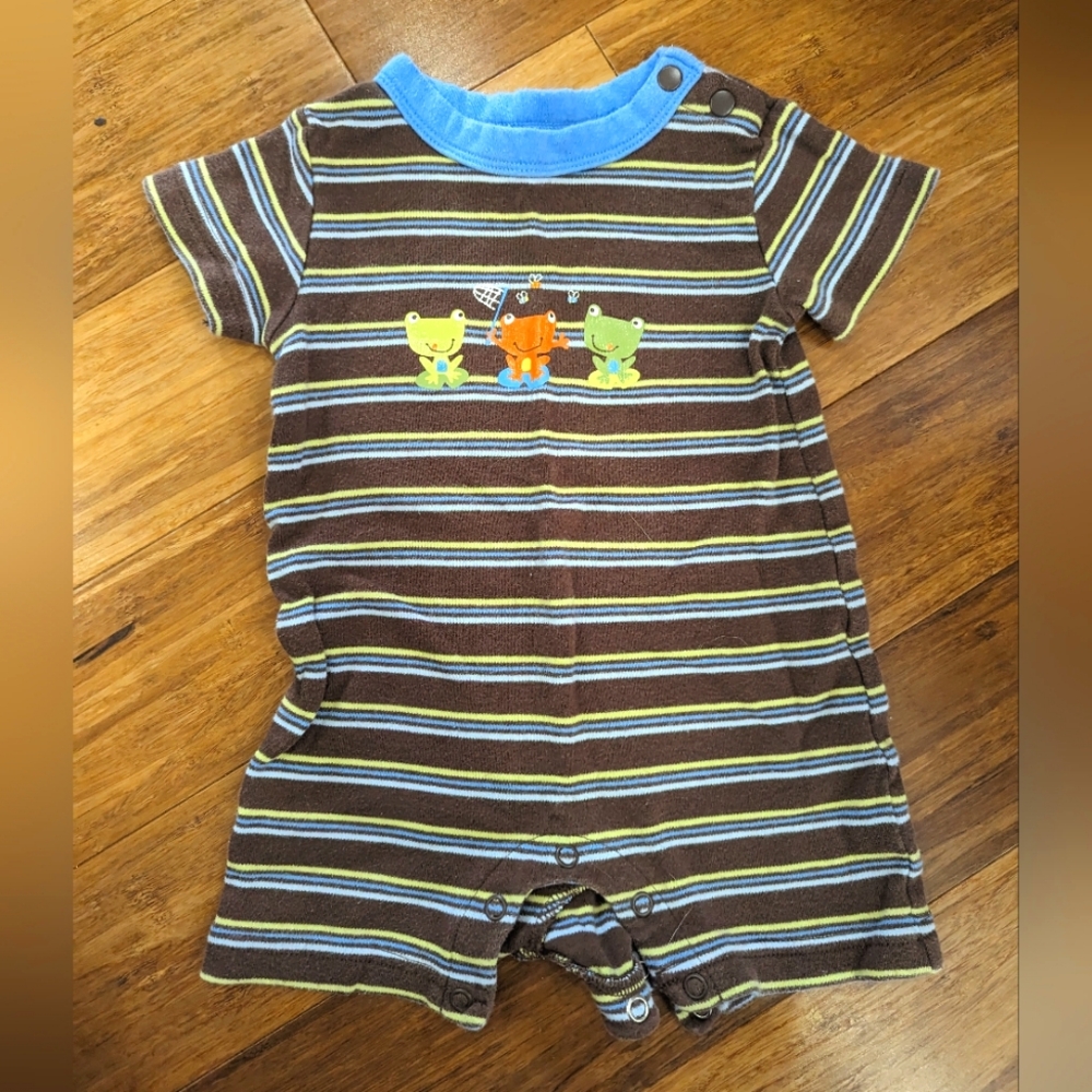 6/$22. Jumping Beans boys romper. Striped with frogs. 0-3 months.